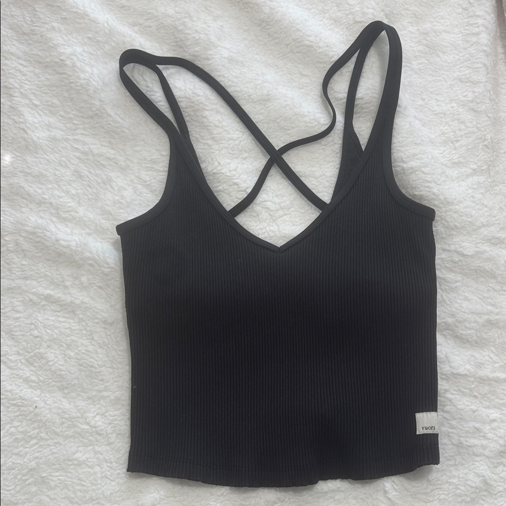 Vuori Black Ribbed V-Neck Tank Top with cross back
